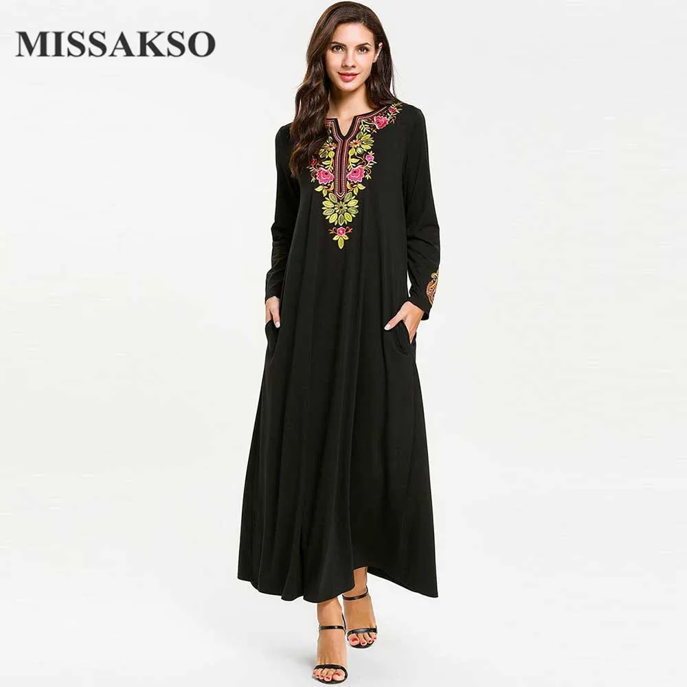 

Missakso A Line Dresses Maxi Pure Long Sleeve With Embroidery Spring Autumn Loose Plus Size O Neck Casual Women Brief Muslim