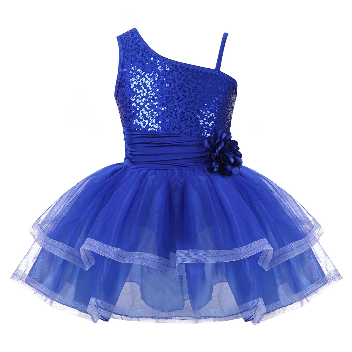 Для девочек-подростков, платье на одно плечо, балетное платье с юбкой-пачкой платье с цветочным принтом и пайетками платье, гимнастический купальник Танцы детские костюмы для лирических танцев - Цвет: Blue