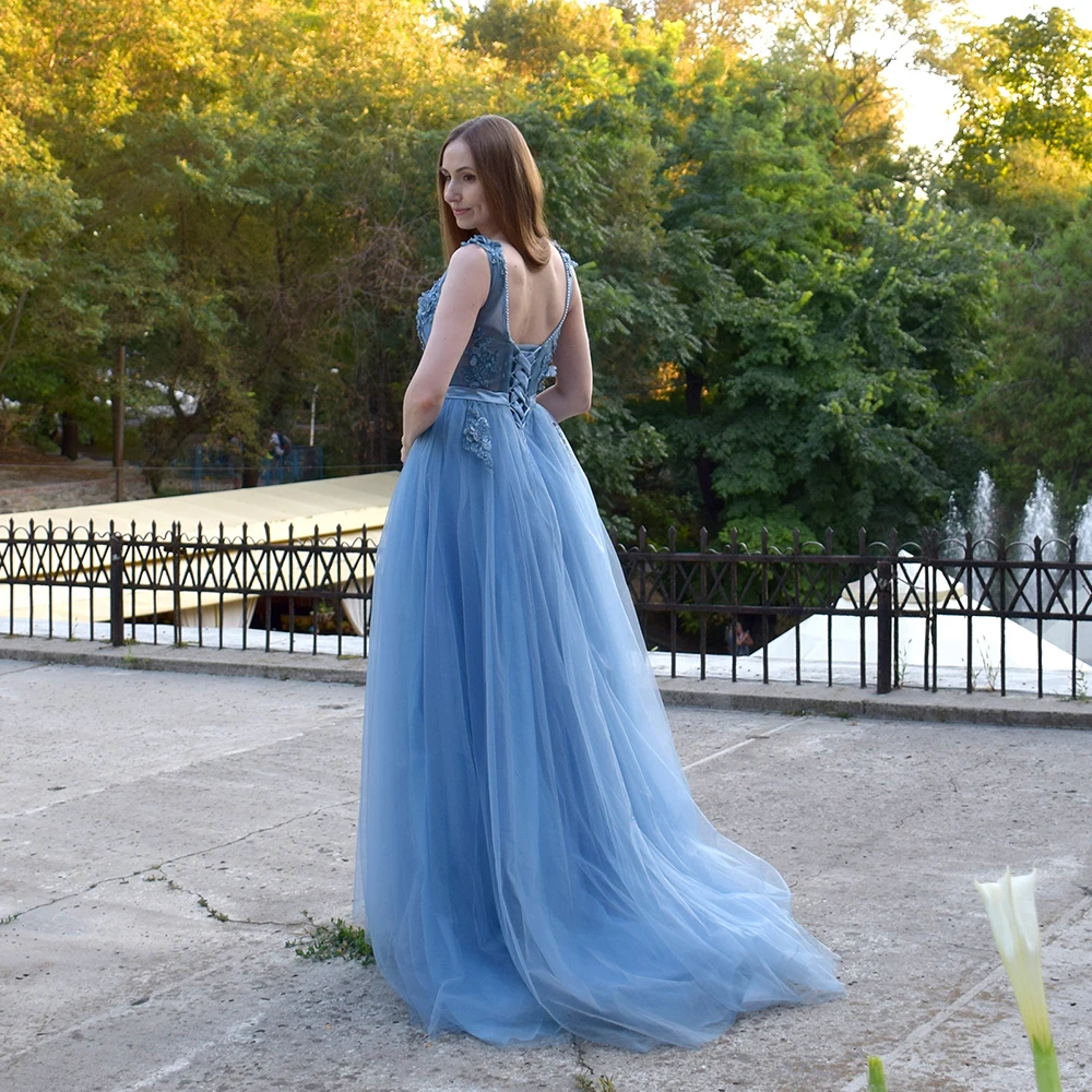 Elie Saab Синий Вечерние платья 2019 плюс размеры Тюль длинное кружевное платье V образным вырезом кружево до рукавов robe De Soiree