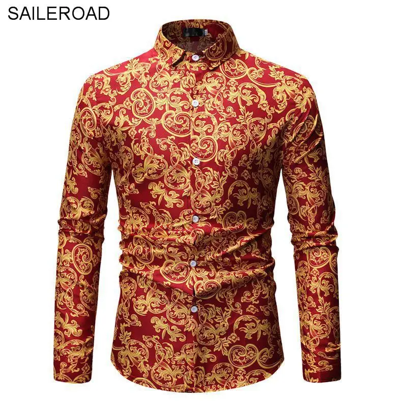 SAILEROAD, модная мужская белая рубашка, приталенная рубашка с длинными рукавами и цветочным принтом, модная мужская одежда, повседневные рубашки с цветочным принтом, футболка, блуза с принтом - Цвет: xz1801-ML21 red