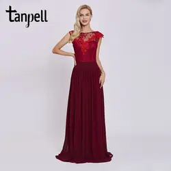Tanpell аппликация вечернее платье бордовый овальным вырезом без рукавов Длина пола платье Линия Дешевые женские Формальное длинное вечернее