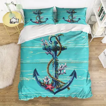 

Soft Duvet Cover Vintage Oecan Anchor Print Bedding Set Washed Microfiber Comfy Pillow Shams 4 Pieces Sets with Zipper Closure