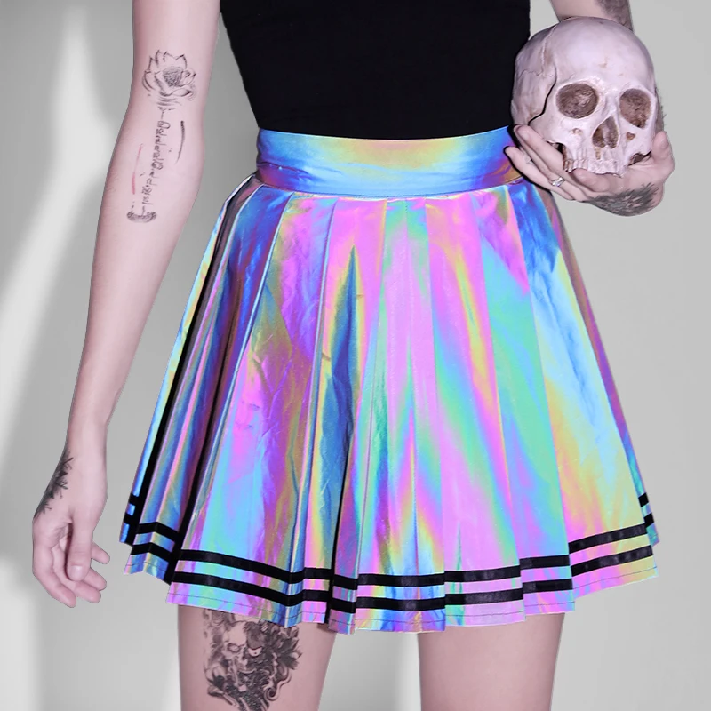 

Summer Reflective Pleated Mini Skirts Women High Waist Harajuku Skirts Party Club Black Reflective Fashion Street Female Skirts