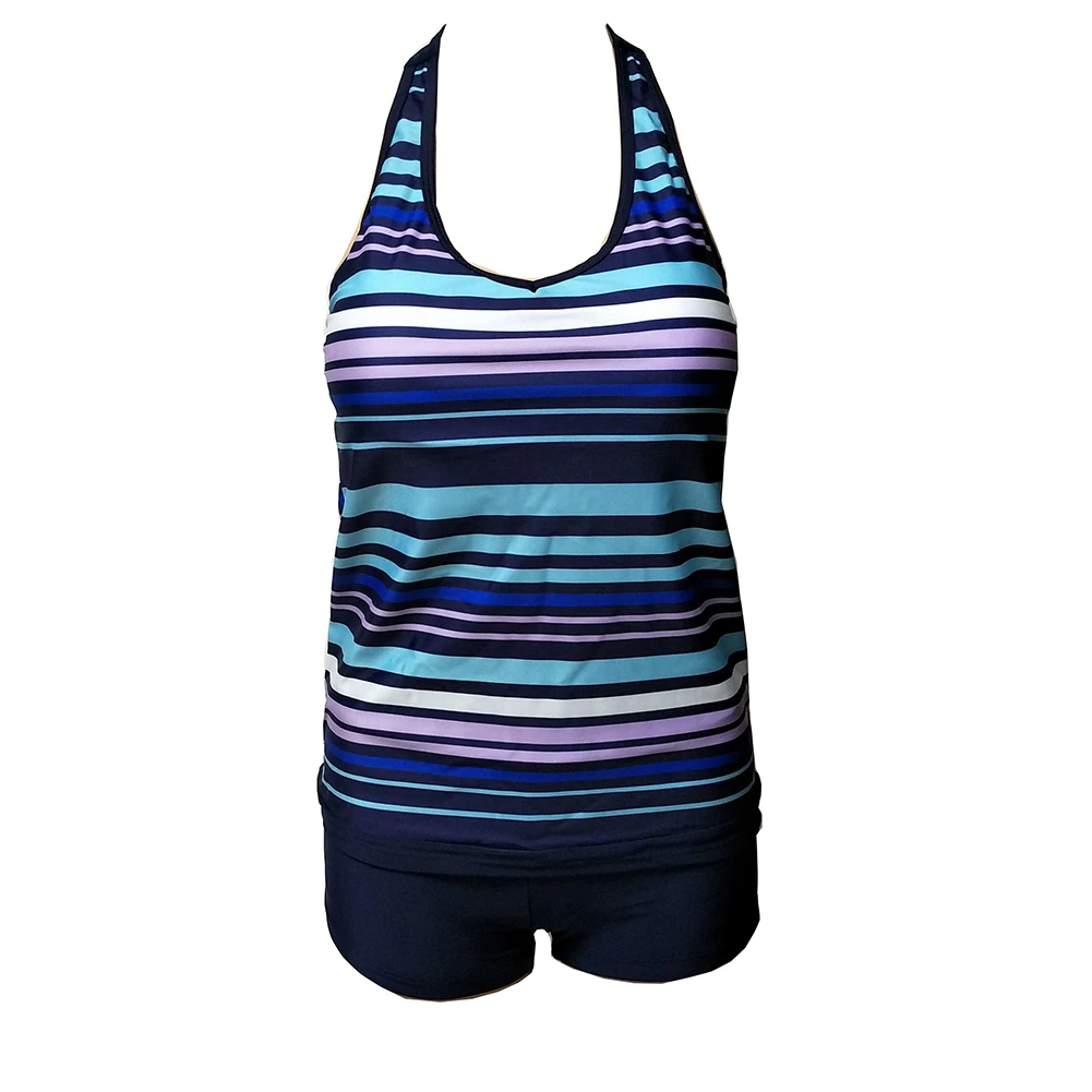 

Women Durable Elastic Deep V Neck Padded Two-pieces Set Swimming Suit Wire Free Stripe Printed Adults Fashion Bra And Briefs