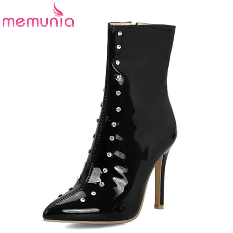 

MEMUNIA 2018 big size 33-47 ankle boots women pointed toe autumn winter boots simple zip crystal sexy stiletto heels prom shoes