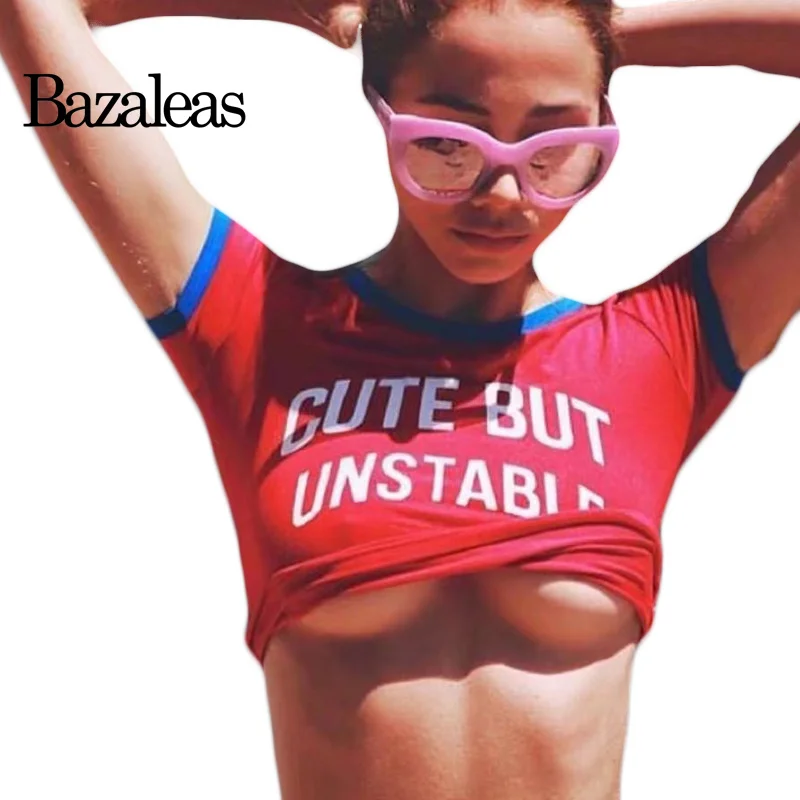 

Bazaleas letter print cute but unstable Women summer t shirt Casual short sleeve tee cotton cropped tops