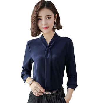 

New Fashion Elegant Women Clothing Long Sleeve Blouses Formal Slim Tie Chiffon Shirt Office Ladies Plus Size Tops S-4XL D710