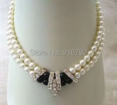 

YH@CS >>>>>2 Row 8-9mm NATURAL south sea WHITE BLACK PEARL NECKLACE 17-18