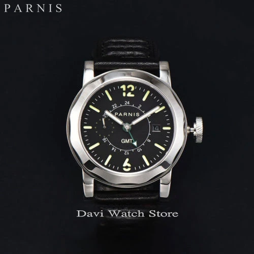 

44MM PARNIS BLACK DIAL STEEL SAPPHIRE GLASS AUTOMATIC GMT DATE MENS WATCH