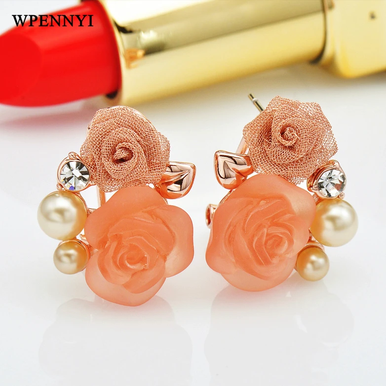 

Rose Gold Color Zirconia High Quality Simulated Pearl Rose Flower Elements Lady Earring Wholesale