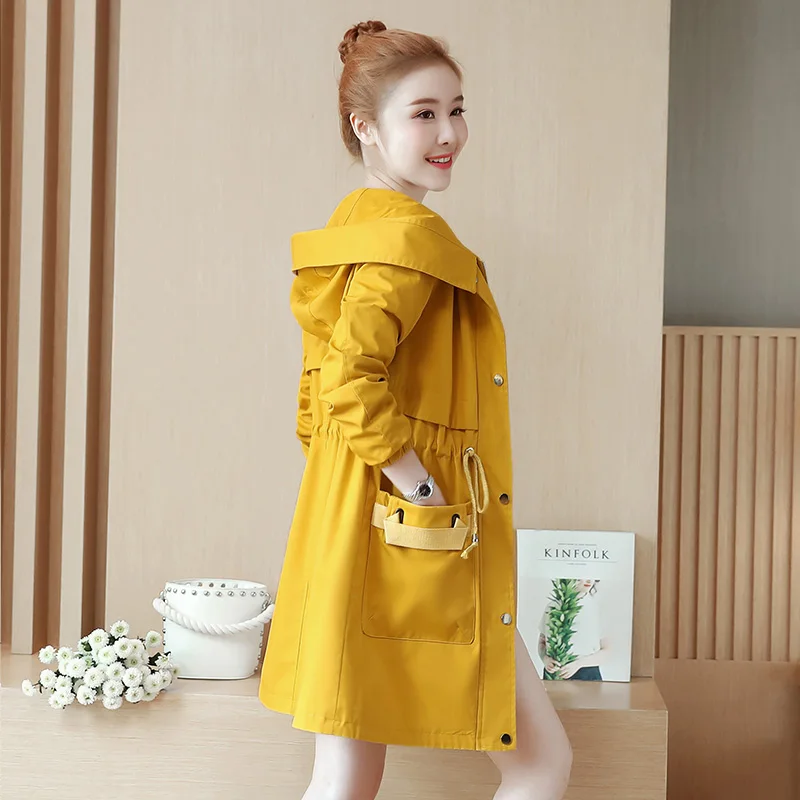 Осенний женский плащ корейский длинный рукав с капюшоном средней длины Верхняя одежда ветровка Женская размера плюс базовое пальто AA330 - Цвет: yellow