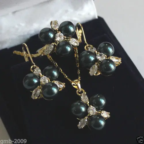 

FREE SHIPPINGFashion 8mm Black South Sea Shell Pearl GP Crystal Earring Pendant Ring Set