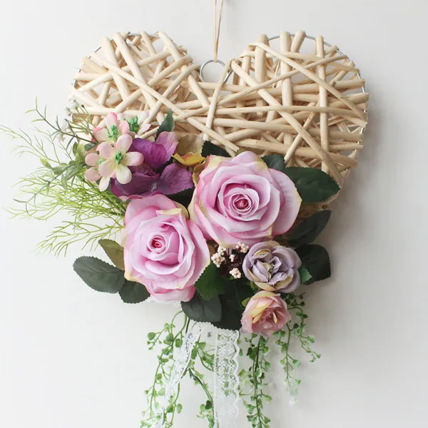 Ротанг в форме сердца Роза гирлянда дверь украшения Свадебный цветок Шелковый венок украшение стены