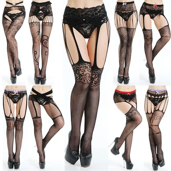 

Black Lace Stockings Open Crotch Tights Sexy Hosiery Women Thigh High Fishnet Embroidery Lingerie Garter Transparent Pantyhose