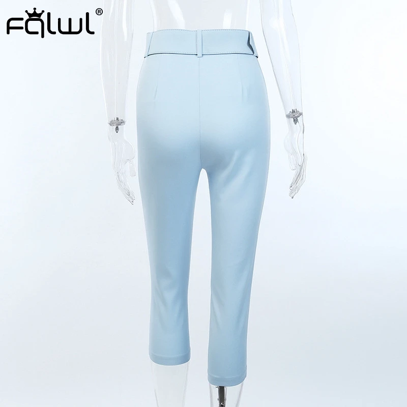 FQLWL повседневные Сексуальные облегающие брюки, женские брюки с поясом, одноцветные штаны с высокой талией для женщин, OL, летние узкие брюки на пуговицах
