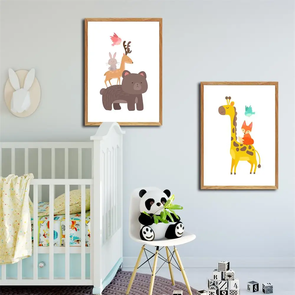 Kartun Hewan Beruang Giraffe Canvas Poster Seni Kanvas Cetakan