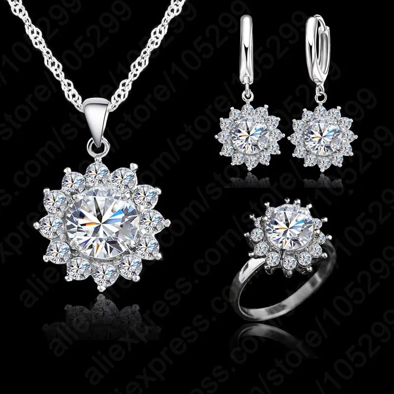 

New Fashion Sun Flower Cubic Zirconia 925 Sterling Silver Jewelry Sets Earrings Pendant Necklace Rings Size 5-9