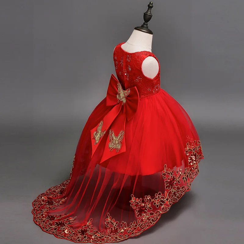 Для девочек в цветочек кружевное платье красный сетки со шлейфом с бабочками для девочек свадебные платья Детское бальное платье вышитые лук Детская Вечеринка платье