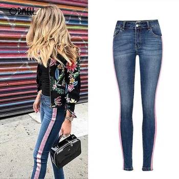 

ORMELL Blue Elastic Jeans Metal Pink Trouser Side Long Pencil Pants Women 2018 Fashion Sexy Middle Waist Skinny Jeans Plus Size