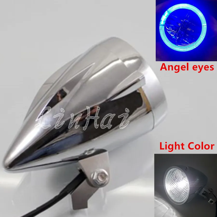 Buy Chrome LED Bullet Headlight With Blue Angel Eyes