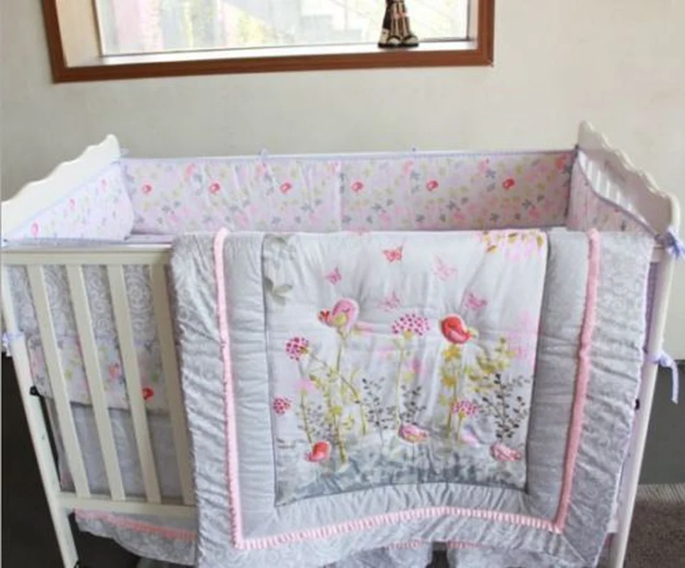 7 Piece Baby Girl Bedding Set Flower Birds Nursery Quilt Bumper