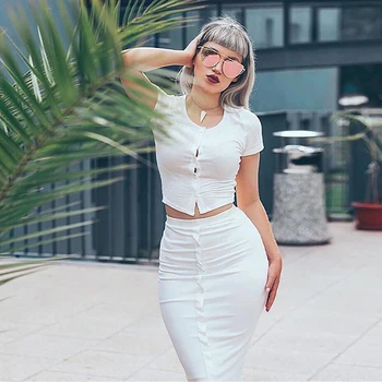 

2019 Autumn Women Sexy Two-piece Suit White Short-sleeved Button Top + Knee-Length Bag Hip Skirt Women two piece set