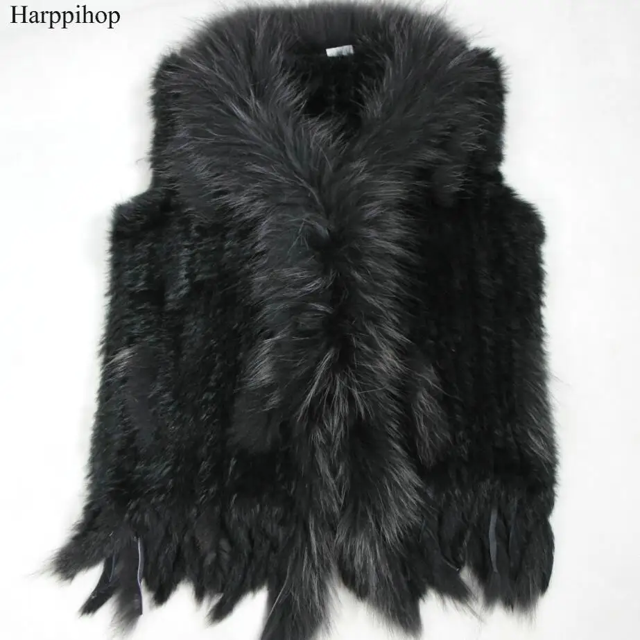 

high quality Hot Sale Retail/wholesale Raccoon Dog Fur Collar Trim Women Knitted Natural Rabbit Fur Vest Gilet/waistcoat