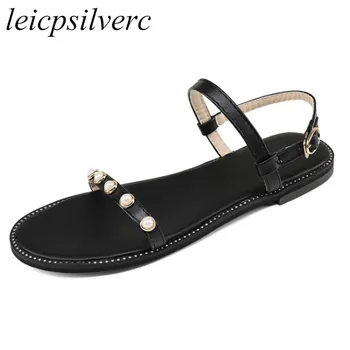 

Women's Sandals Flats Shoes 2018 Summer Spring Pu Pearl Buckle New Sexy Fashion Casual Party Office Wedding Black Gold Silver