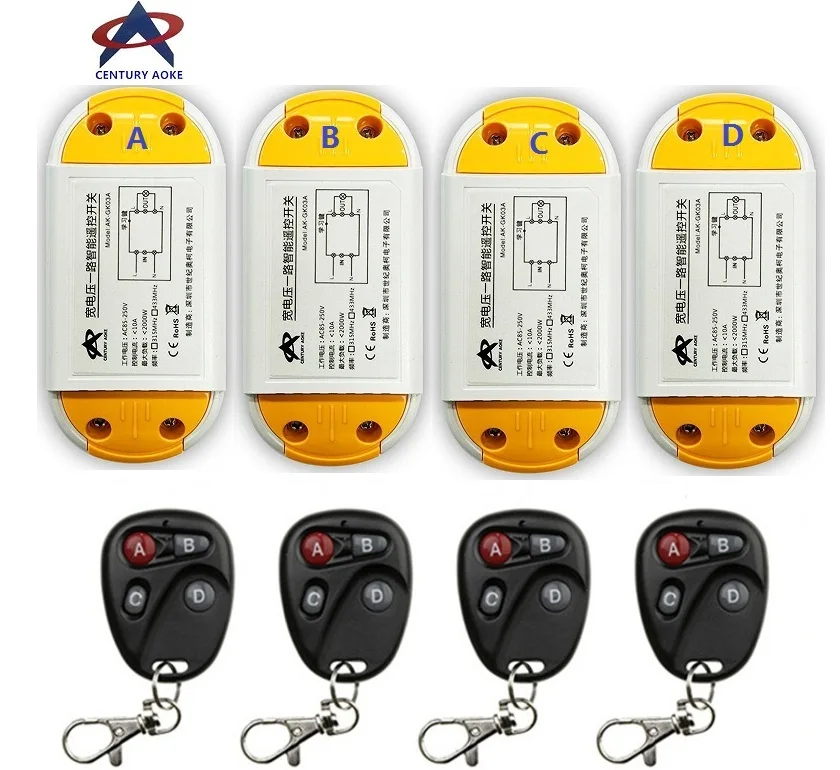 

AC220V 110V 85-240V 1CH 10A RF Wireless Remote Control Switch System 4 A6 transmitter & 4 receiver Smart Home Switch
