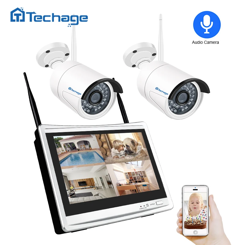 Techage 4CH 1080P 12" LCD NVR Kit Wireless Security Camera ...