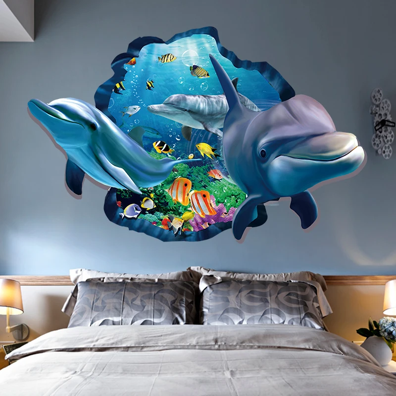ПВХ Дельфин морские сцены вид на окно Съемный стикер стены 3D через стены декор дома Спальня Гостиная украшения аксессуары