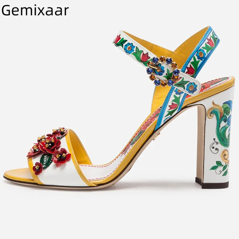

Flower Sandals Shoes Women One Strap Slim Shallow Chunky Square High Heel Footwear Round Toe Ankle Buckle Decor Crystal Sandals