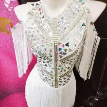 Модный зеркальный наряд со стразами женский певец DJ сценическое шоу серебристо-белая бахрома боди ds костюм для выступлений