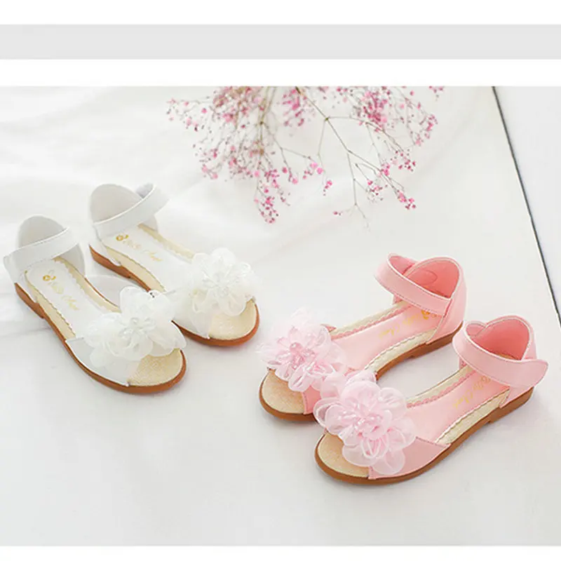 Красивый цветок Летнее платье принцессы сандалии для девочек обувь плоской подошве свадебные туфли розового и белого цвета для девочек