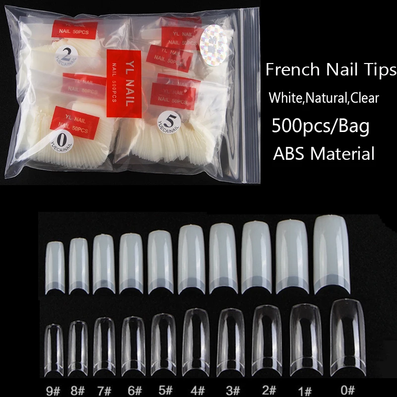 1 пакет = 500 шт прозрачные белые французские накладные наконечники 0-9 для ногтей короткие половинные покрытия форма гроба для ногтей акриловые УФ-гель накладные наконечники#029
