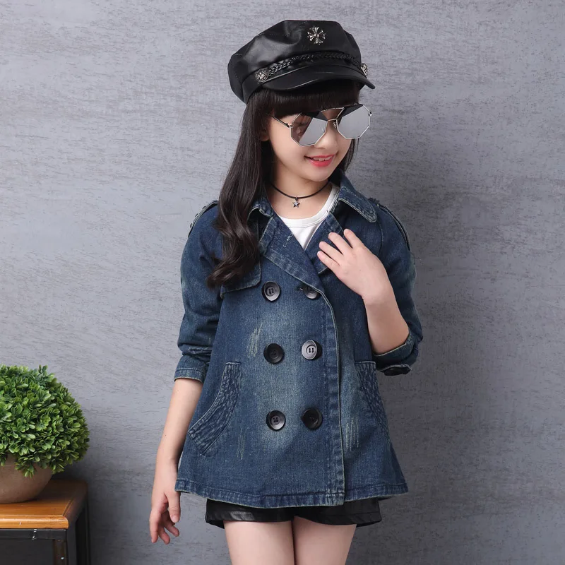 

High quality spring autumn denim jacket coat for girls 12 years 4-14 cool style children fall clothing outwear double-breasted