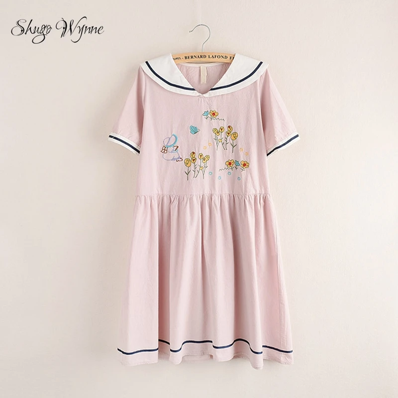 

Shugo Wynne Mori Girl Dresses 2019 Summer New Women Cute Sailor Collar Flowers Embroidery Short Sleeve Pink Navy Blue Thin Dress