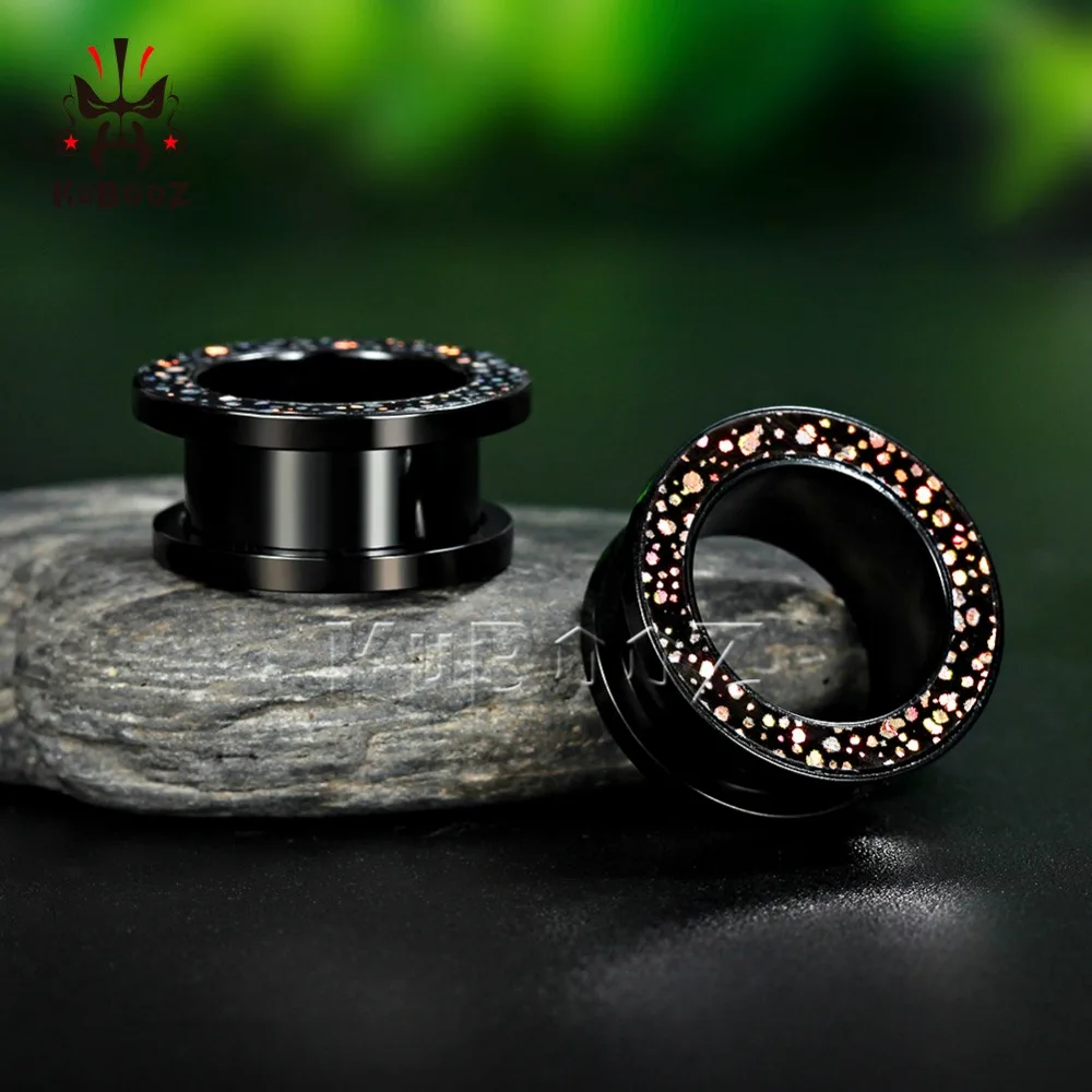 

Kubooz piercing black stainless steel reflective particle ear tunnel earrings body jewelry plugs pair pricing gauges extention