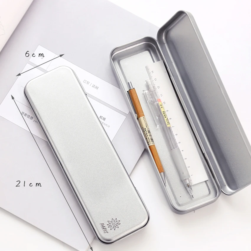 

1PC Iron Stationery Box Tin Pencil Box School Student Gift Cartoon Pencil Case Silver pen pencil holder container multifunction