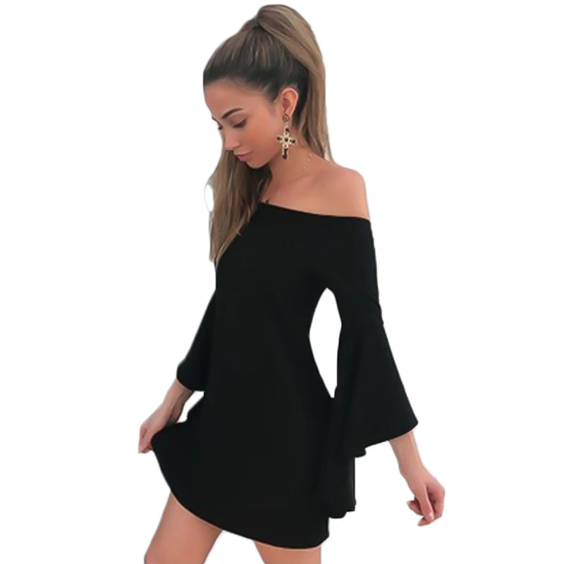 

Sexy Dress One-necked Strapless Strapless Sleeve Black Dress Female Off Shoulder Dresses Woman Party Night Long Sleeve O-neck