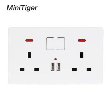 

Minitiger Wall Power Socket Double UK Standard Outlet Switched 2.1A Dual USB Charger Port LED indicator 146mm*86mm White Color