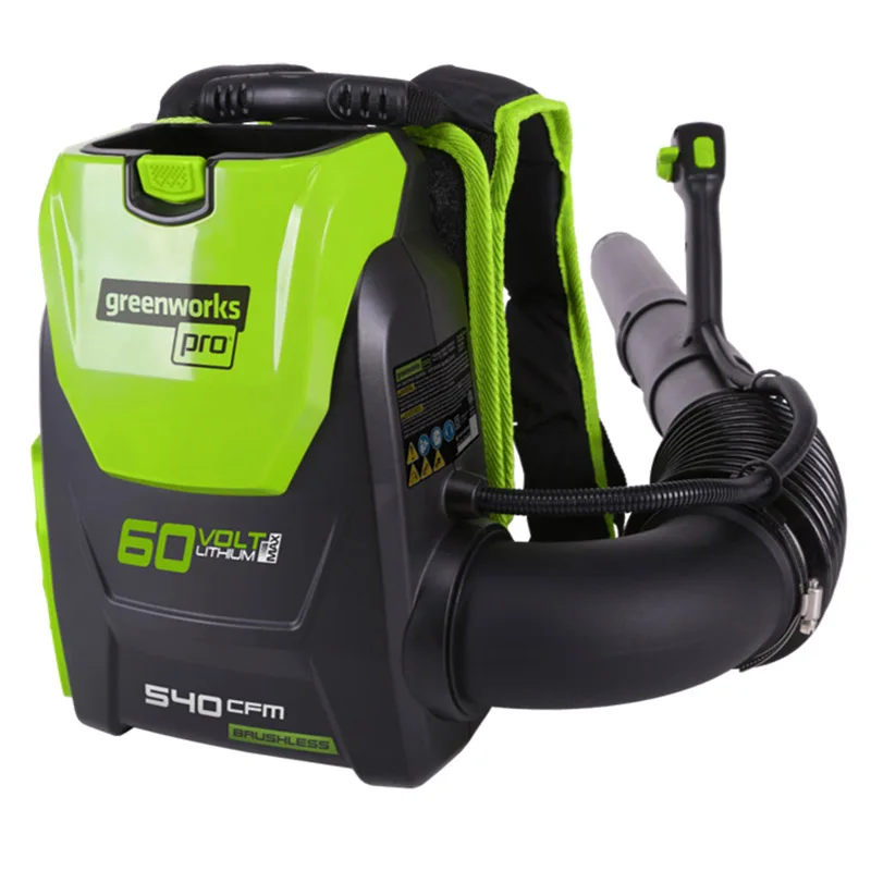 Ранцевый воздуходув аккумуляторный Greenworks GD60BPB 60V (Li-Ion аккумулятор 60V, скорость воздуха на выходе 225 км/ч, регулировка скорости, вес 6 кг, в комплект не входит аккумулятор и зарядка)