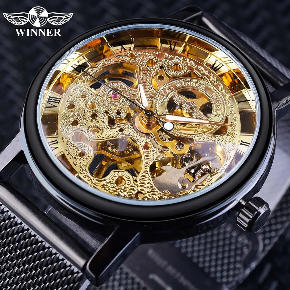 

Winner 2019 Relogio Masculino Mechanical Watch Mens Golden Skeleton Transparent Slim Steel Mesh Band Casual Watches Reloj Hombre