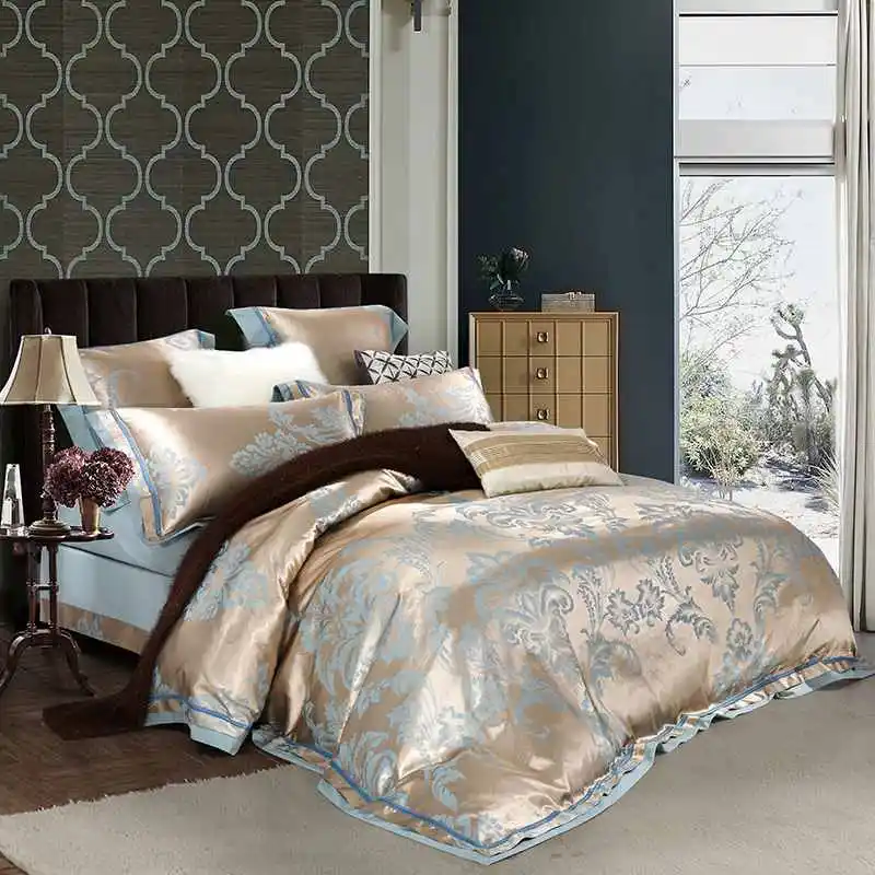 4/6pcs White/Bule/Gold Jacquard Satin duvet/quilt cover