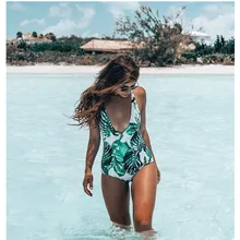 Зеленые листья цельный купальник женский v-образный вырез большой спинки Монокини летний купальный костюм высокая нога Бразильские Купальники