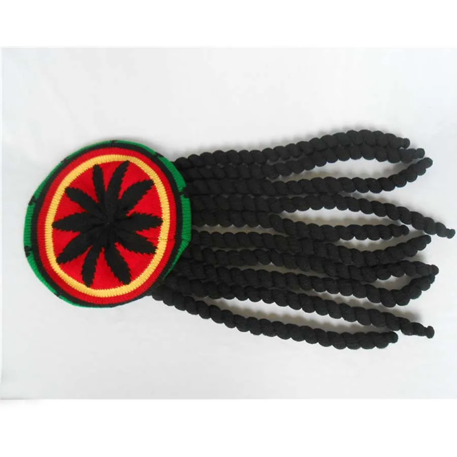 FANCY DRESS RASTAFARIAN RASTA KNITTED CROCHET JAMAICA HAT BERET CAP WITH HAIR WIG PLAIT ADULT SIZE | Аксессуары для одежды