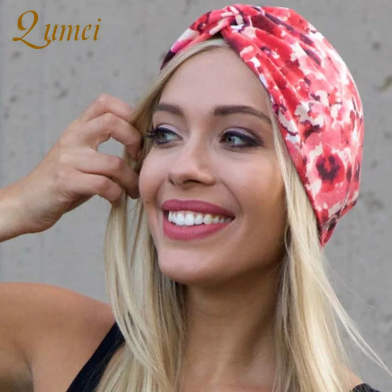 

Print Knotted Indian Cap Stretchy Turban Muslim Hat Wrap Adult Head band for Women Chemo caps Print Skullies & Beanies B20