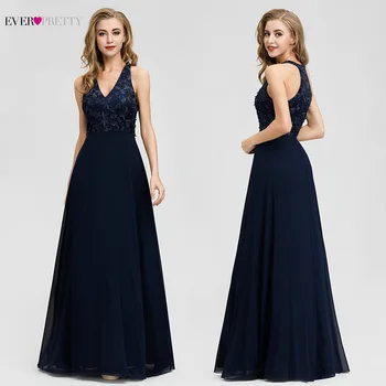 

Ever Pretty Navy Blue Bridesmaid Dresses Long A-Line V-Neck Appliques Beading Wedding Party Gowns Lace vestido de festa longo