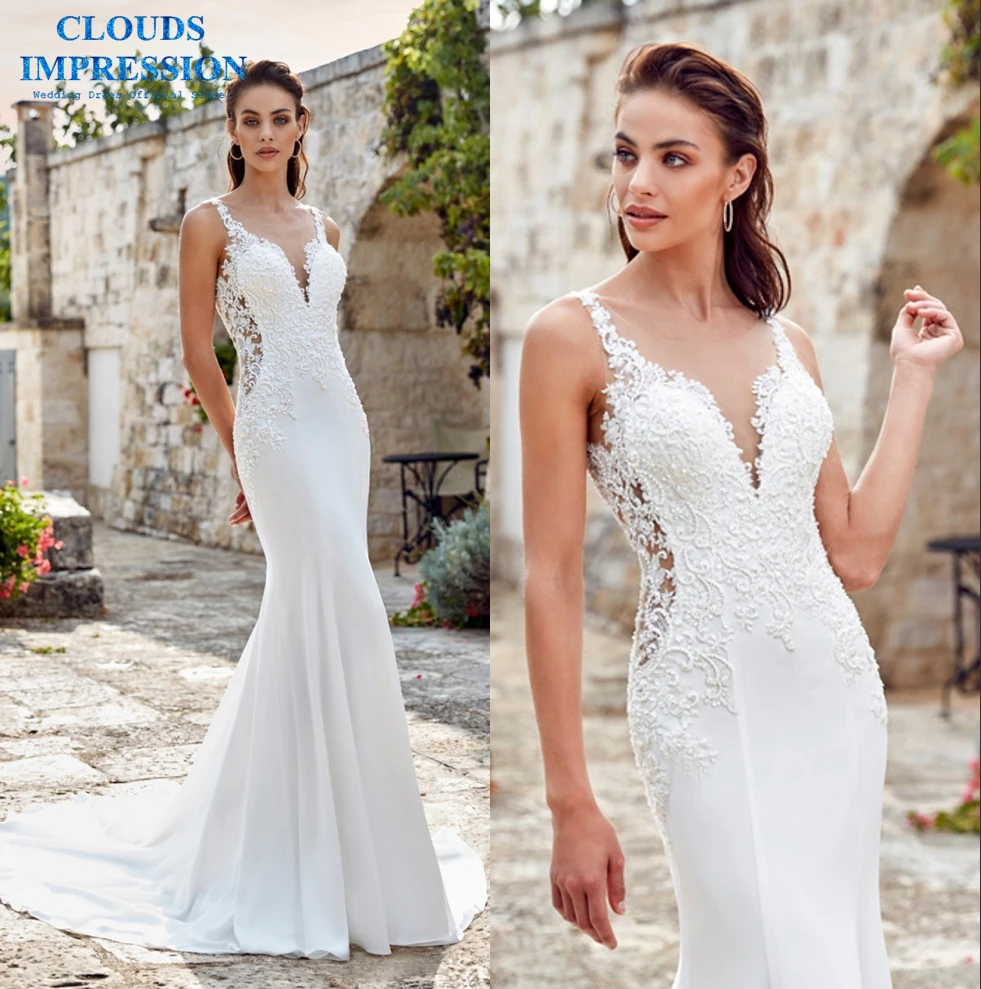 Sexy 2019 Mermaid Wedding Dress Appliques Beading V neck Button Lace Crystal Vestige De Noiva Bridal | Свадьбы и торжества