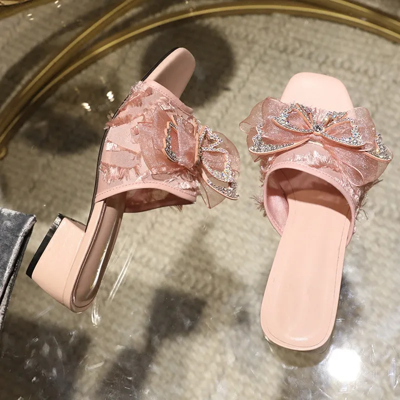 

Casidueho Crystal Women Slippers Thick Heels Butterfly Shoes Woman Chic Slides Sandalias Mujer Sexy Shoes Sandalia Feminina